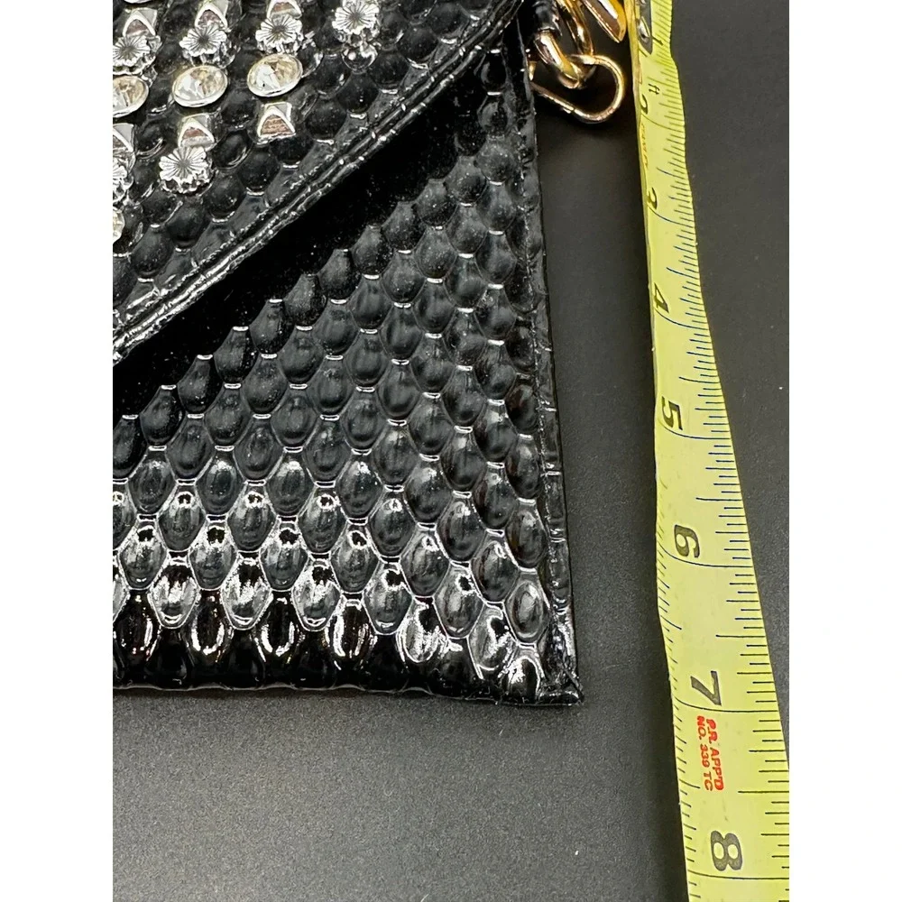 Black Studded Clutch Wristlet Crossbody Bag Rhinestone Snake Embossed Gold Purse